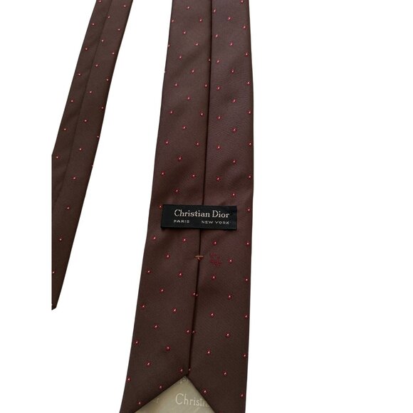 Vintage Christian Dior Paris Brown Tie With Red Polka Dot Pattern For Men - Picture 4 of 5